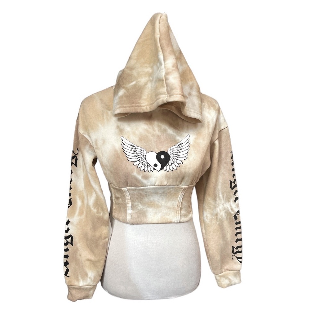 Faded Rose Yin Yang Heart Wings Tie Dye Cropped Hooded Sweatshirt Tan Size Small